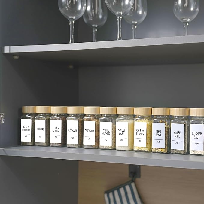 Churboro 24 Spice Jars with Labels & Bamboo Lids - 4 Oz Glass Containers with Shaker Lids, 547 Spice Labels of 3 Different Types Seasoning Jars for Spice Rack, Cabinet, or Drawer