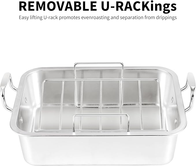 QPMR Roasting Pan with Cooling Rack - Stainless Steel Large Turkey Roaster Pan for Turkey, Chicken, Ham Roaster with V-Shaped Baking Rack Heavy Duty Dishwasher Safe