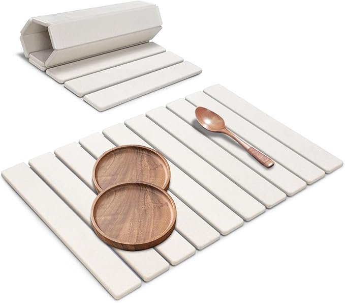 Large Stone Dish Drying Mats for Kitchen Counter, 24"(L)×16"(W), Quick Drying Collapsible Dish Drying Mats, Eco-Friendly Absorbent Diatomaceous Earth Mats for Dishes Bottles Cups, Match Any Countertop