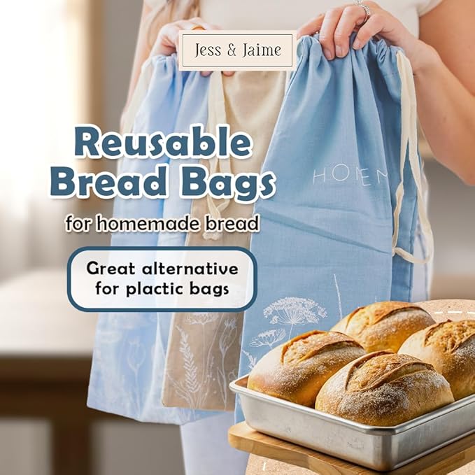 Reusable Bread Bags with Drawstring | XL Pack of 3 | Eco-Friendly Washable Linen Bread Bag & Spacious Sourdough Bread Storage | Bread Bags Reusable Keeps Your Loaf Fresh | Flower Design