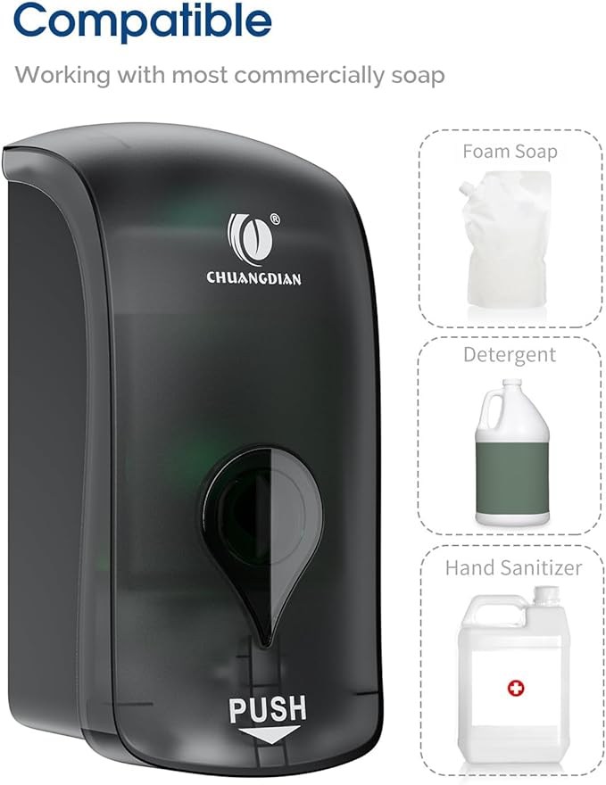 Foaming Hand Soap Dispenser, 35oz (1000ml) Manual Refillable Wall Mount Soap Dispenser, Durable ABS Plastic, for Commercial/Home/Bathroom/Kitchen, Semi-Transparent Black, CHUANGDIAN