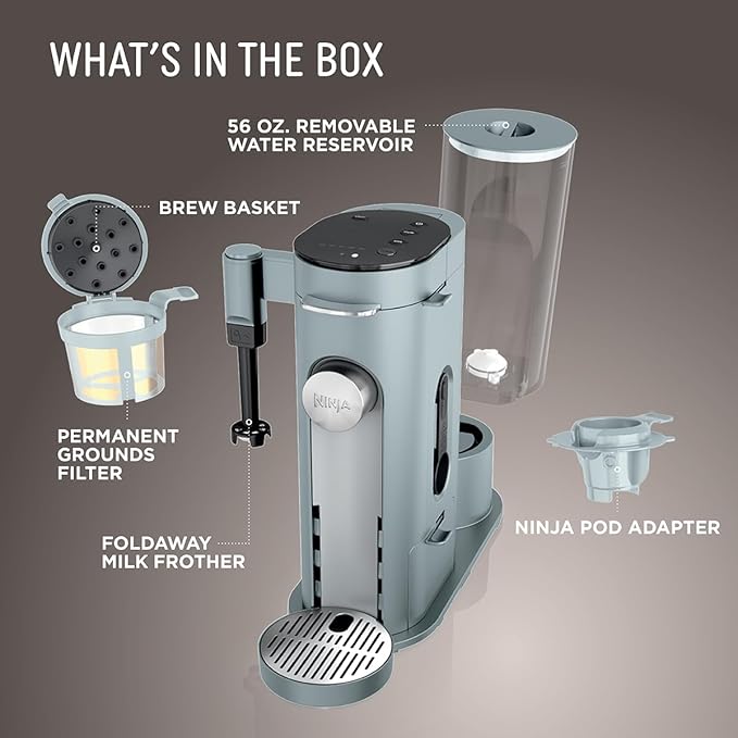 Ninja Pods & Grounds Specialty Single-Serve Coffee Maker, K-Cup Pod Compatible, Built-In Milk Frother, 6-oz. Cup to 24-oz. Travel Mug Sizes, Iced Coffee Maker, Glacier Blue, PB051GB