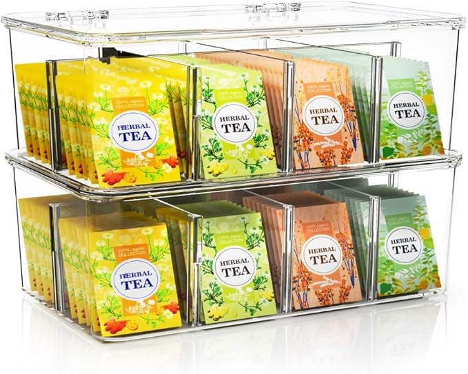 Utopia Home - Tea Bag Organizer With Lids, (2 Pack) Clear Pantry Storage Box - Stackable Partition Organizers or Holder With Lids For Drawers, Countertops, Fridge, Kitchen, Snack & Spice Organization