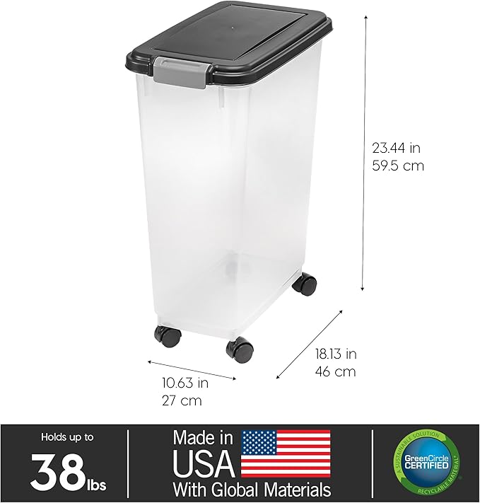 IRIS USA Airtight Dog Food Storage Container, Up to 38 lbs, Attachable Wheels, For Dog Cat Bird and Other Pet Food Storage Bin, Keep Fresh, Translucent Body, Easy Mobility, Black