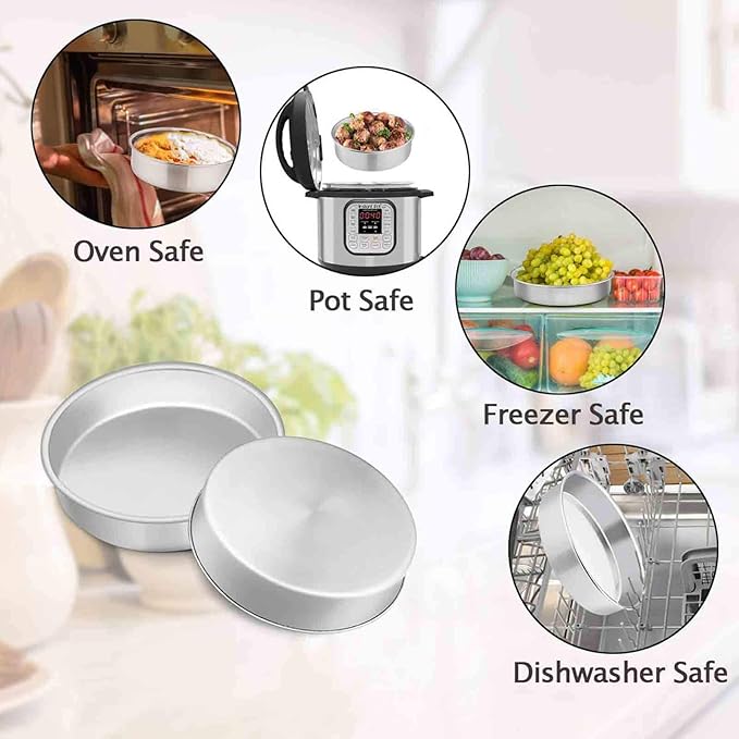 TeamFar 8 Inch Cake Pan, 4 Pieces Stainless Steel Round Tier Baking Cake Pans Set for Baking Steaming, Fit in Oven Pressure Cooker Pot, Healthy & Sturdy, Mirror Finish & Dishwasher Safe