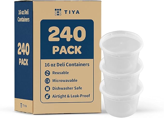 TIYA Food Containers - 16oz Bulk 240 Pack with Lids - Plastic Food Storage to-Go Containers - Reusable Microwavable Dishwasher Safe Cups - Airtight Leak Proof for Soups & Meal Prep