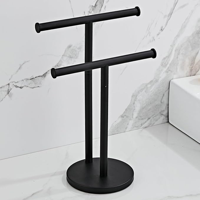 Black Hand Towel Holder Stand, Double T-Shape Hand Towel Stand Towel Rack Towel Bar for Bathroom Countertop, SUS304 Stainless Steel SHUNLI