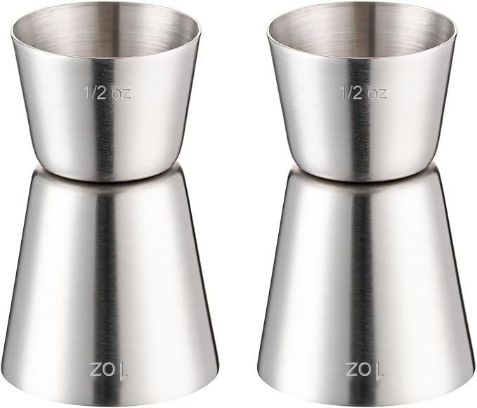 Briout Jigger for Bartending, 2 Pcs Double Cocktail Jigger Japanese Premium 304 Food Grade Stainless Steel Jigger 1 OZ 1/2 OZ, Flat Edge Silver