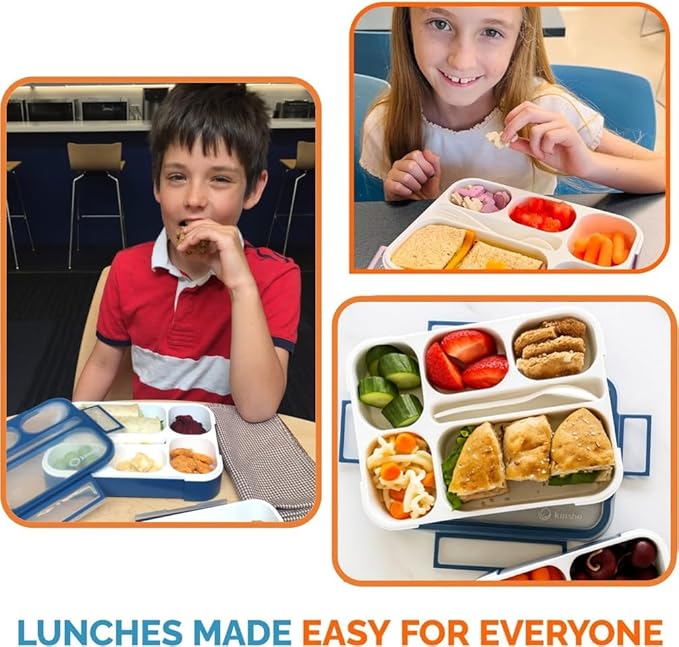 kinsho Bento Lunch Box Kids, Leakproof Lunch Containers for Boys Girls Adults with 6 Compartments - School, Daycare, Meal Planning Portion Control Container, BPA-Free Boxes, Utensils, Navy Blue