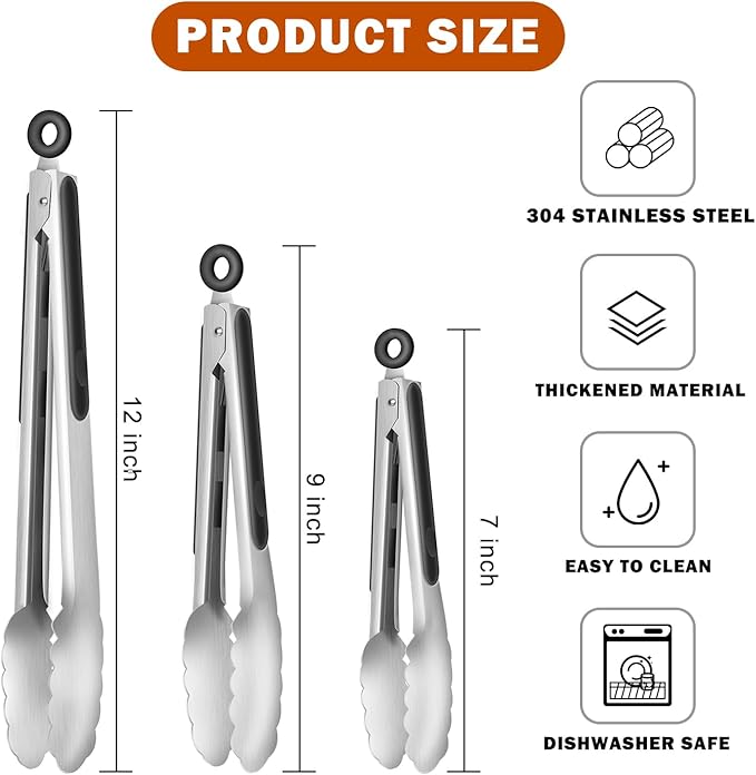TACGEA Stainless Steel Kitchen Tongs, Silicone Non-slip Grip, Locking Grilling Food Tongs Set of 3-7inch, 9inch and 12inch