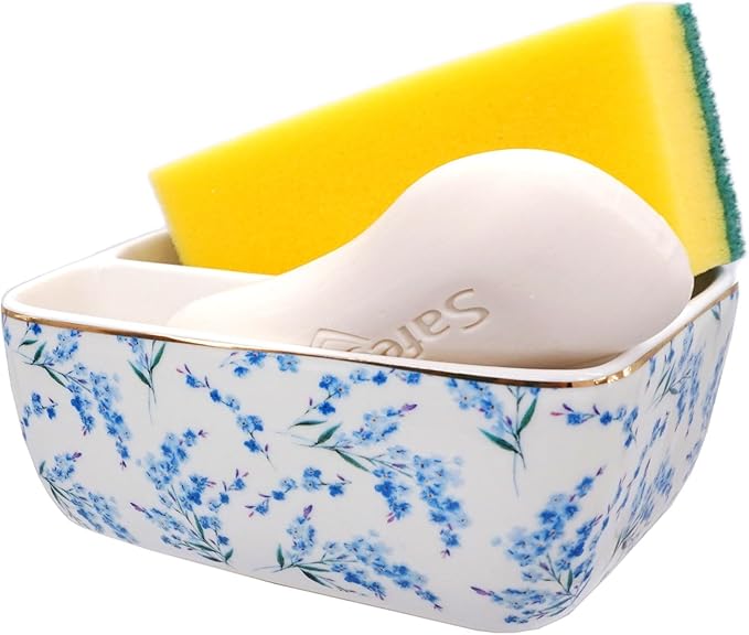 2 Compartments Ceramic Sponge Holder for Kitchen Sink, Cute Floral Pattern Countertop Dish Sponges Holder Soap Sink Organizer Caddy Farmhouse Home Kitchen Decor Blue Blossom