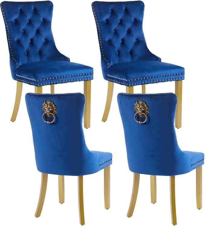 Velvet Dining Chairs Set of 4, Modern Tufted Dining Room Chair, Upholstered Dining Chairs with Lion Head Pulls Ring and Golden Solid Wood Legs, Luxury Kitchen Chairs for Dining Room, Blue