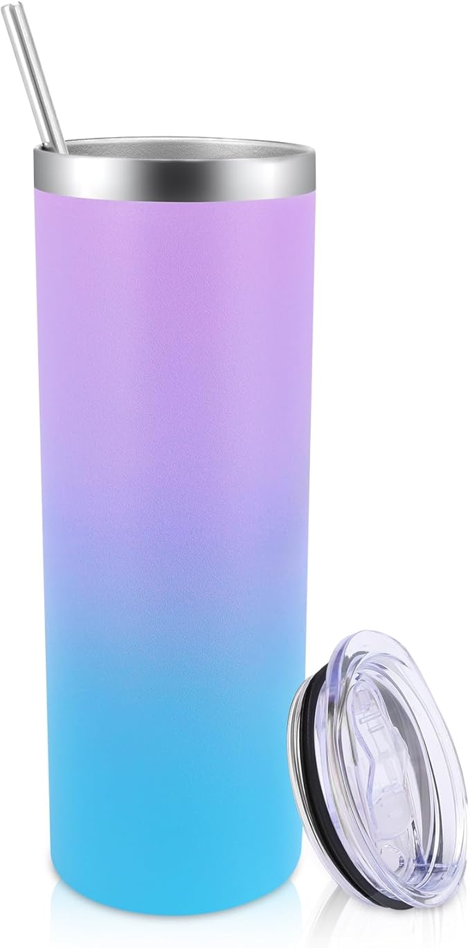 Volhoply 20 oz Skinny Tumbler with Lid and Straw, Stainless Steel Straight Tumblers Cup, Vacuum Insulated Coffee Mug for Home, Office, Travel, DIY (Lavender,1 Pack)
