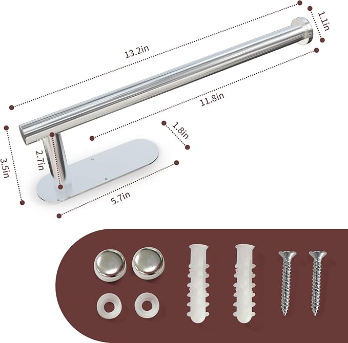 DEKAVA Under Cabinet Wall Mount Paper Towel Holder, Self-Adhesive Bar, Stainless Steel 13 inch (Bright Silver, 1)