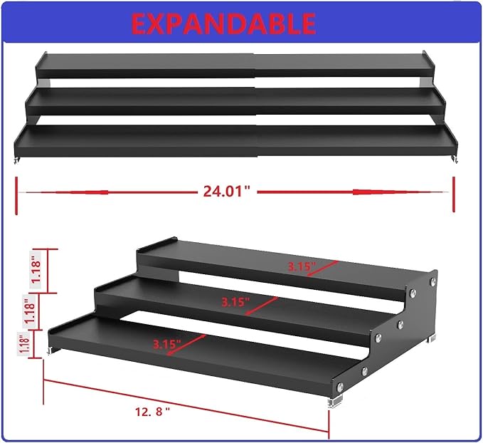 Jojocross Spice Rack Organizer for Cabinet, 3 Tier Expandable Spices Storage, Great for Kitchen Cabinets, Cupboard,Pantry and Countertop More 2 Packs/Black