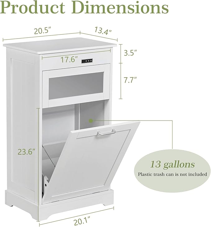 VECELO Tilt Out Trash Can Cabinet, Dog Proof Recycling Garbage Bin with Negative Ion and Deodorizing Function, Spacious Wood Top, Dual-Opening Designs, for Kitchen/Bedroom/Laundry, White