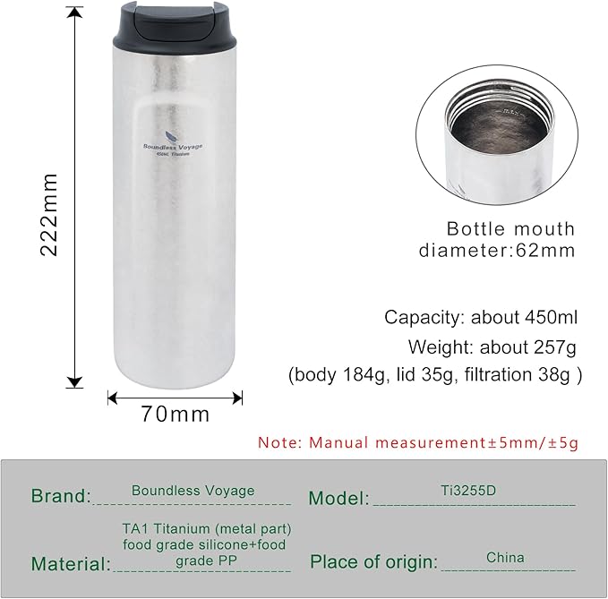 iBasingo 450ml Titanium French Press Coffee Flask Double-Walled Insulated Vacuum Cup Portable Water Bottle Outdoor Traveling Car Mug with Lid Ti3255D