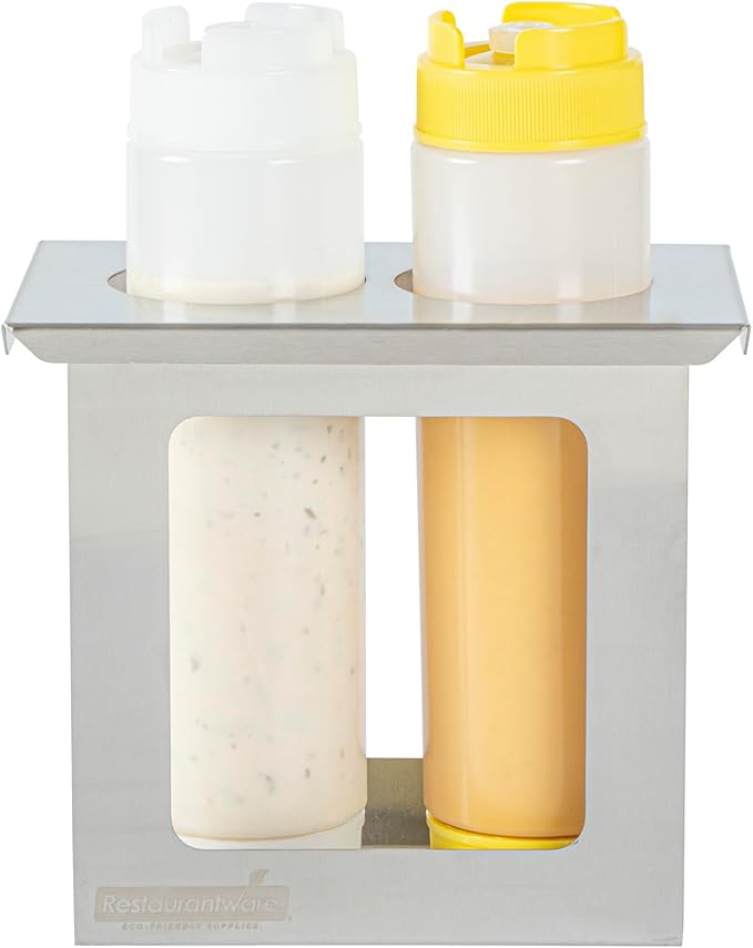 Restaurantware Squeeze Bottle Holder Pack of 1 Stainless Steel 2 Hole Bottle Holder, 2.5" Diameter Fits 1/9 Size Opening, Dishwasher Friendly Integrated Lip Design Holder for Condiment Bottles