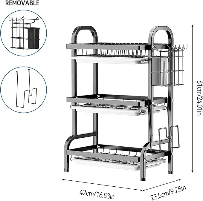 Goldmeet 3 Tier Dish Drying Rack, Large Stainless Steel Over The Sink Dish with Drain Tray, Kitchen Dishes Drying Racks, Dish Racks for Kitchen Counter Storage (Black)