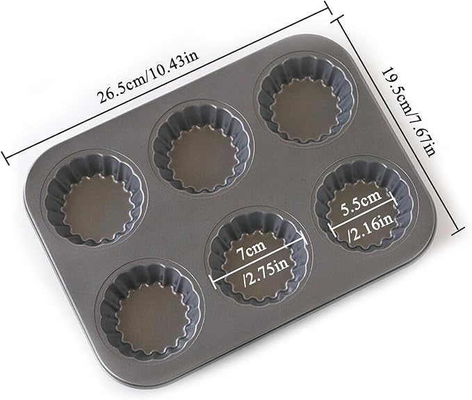 2 Pack Mini Tart Pan, 2.75" Egg Tart Molds 6-Cavity Non Stick Fluted Mini Tart Mould, Reusable Quiche Bakeware Carbon Steel for Pies, Quiche, Cheese Cakes, Desserts(Not Included Cutting Mold)