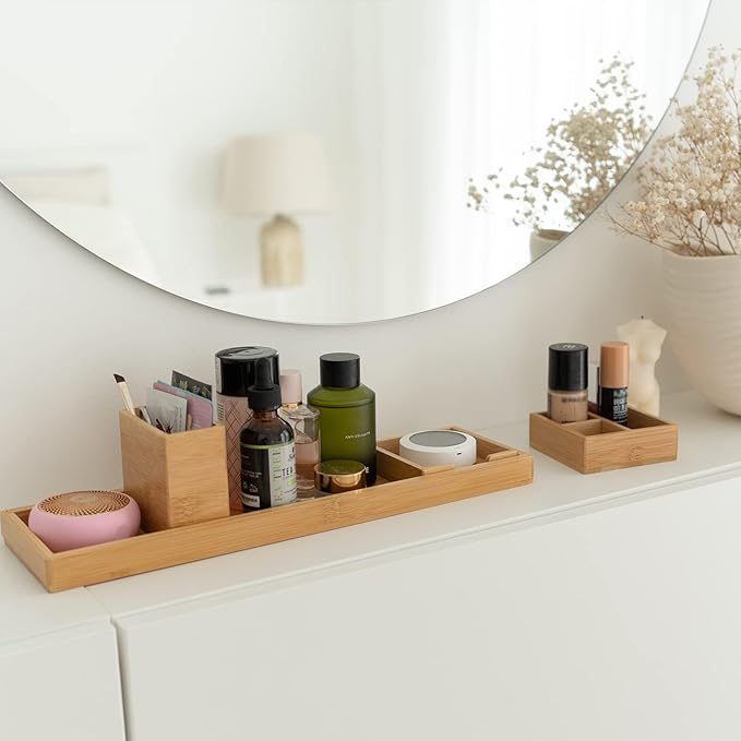 Bamboo & Wood Vanity Tray, 6-Piece Bathroom Countertop Vanity Tray Set, Makeup Kitchen Desk Organizer and Storage - Holds Small Items