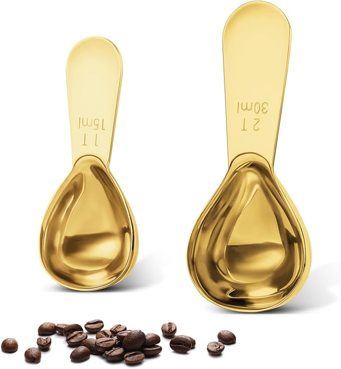 Safring Stainless steel coffee scoop 2-piece set (1 tbsp, 2 tbsp) durable Tablespoon, ergonomic measuring spoon, Suitable for small and large jars，short-handled spoon (Gold)