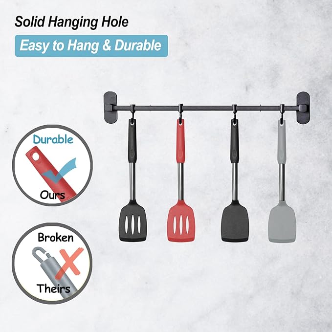 2 Pack Spatulas, Solid & Slotted Silicone Spatula Set, Stainless Steel Handle Coated with Silicone, Non Stick Turners, Heat Resistant Rubber Spatulas for Fish, Eggs, Pancakes, WOK, Red