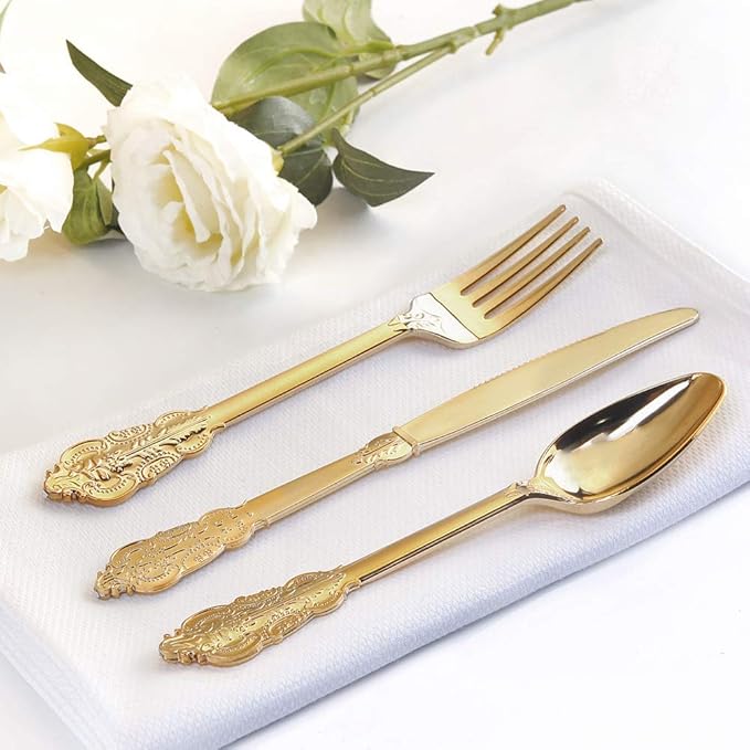 WDF 300 Pieces Gold Plastic Silverware Disposable - Heavy Duty Thanksgiving Plastic Cutlery - Gold Silverware Sets Includes 100 Forks, 100 Spoons, 100 Knives