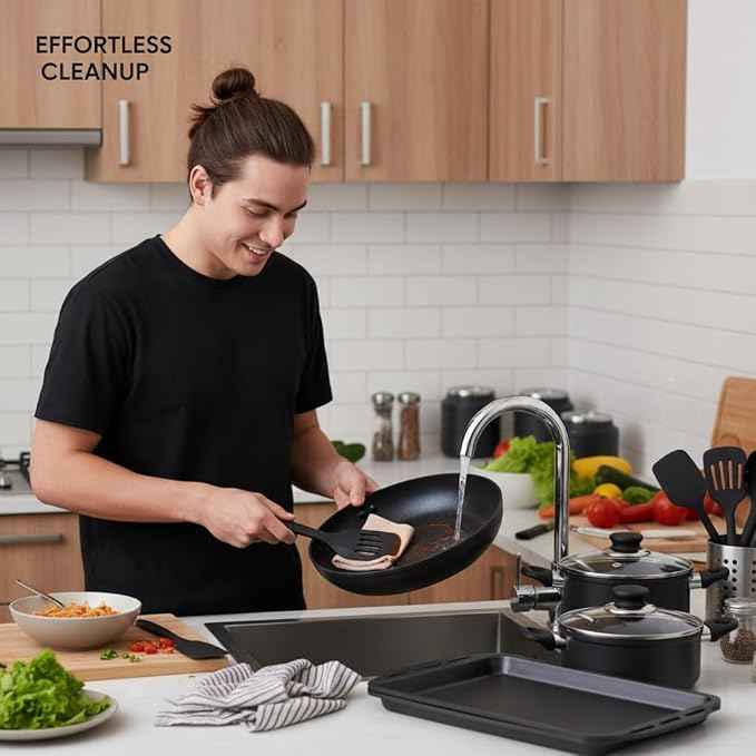 NutriChef Nonstick Cookware Set, 20-Piece Premium Kitchen Cookware Set with Pots, Pans, Bakeware & Utensils, Non Stick Pots and Pans Compatible with Gas, Electric, Ceramic & Induction Cooktops (Black)