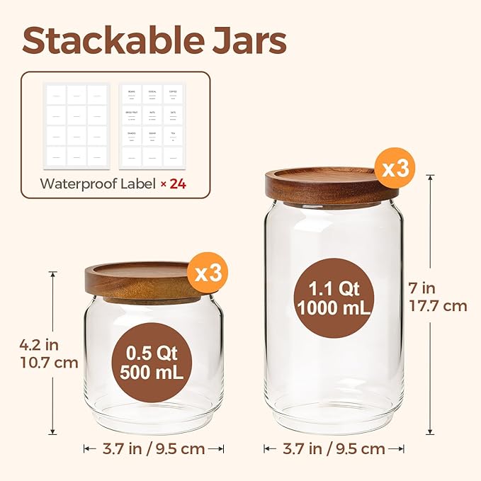 ComSaf 6PCS (1.1Qt/0.5Qt) Glass Pantry Storage Container with Acacia Wood Lid, Airtight Glass Canister with Stacked Design for Orderly Organizing, Glass Jar Organizing Dry Goods in Pantry & Cabinet
