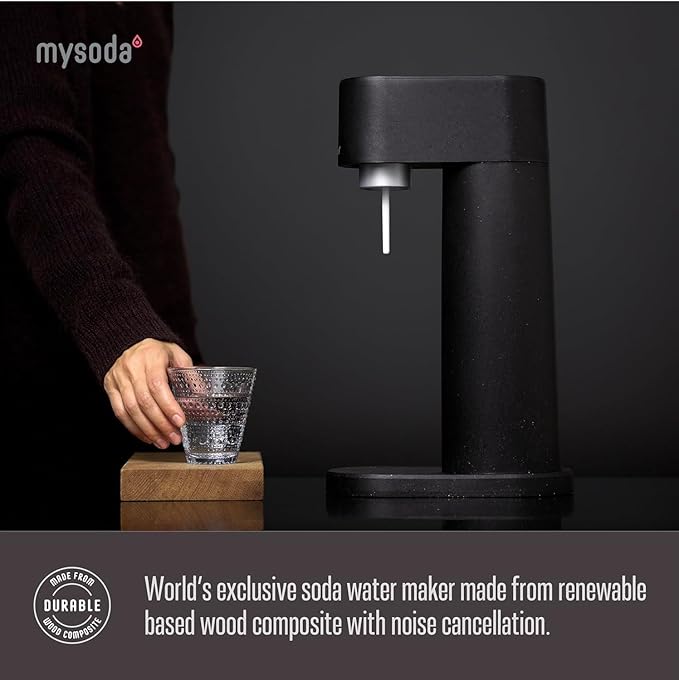 Mysoda Woody Sparkling Water Maker - Silent Carbonated Water Machine Robust Long-Lasting Aluminium Soda Maker - With 1L Water Bottle - Without CO2 Cylinder - Black