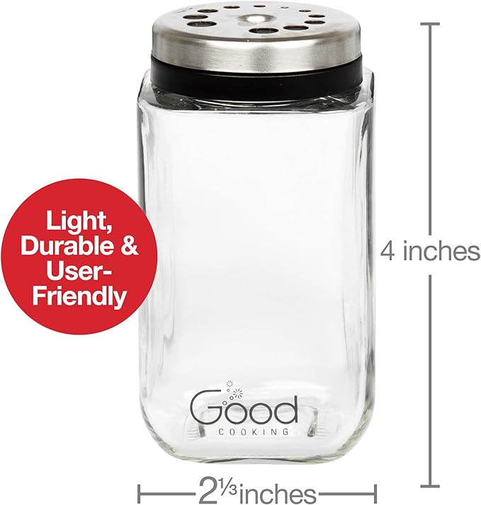Adjustable Glass Spice Jars (Set of 12) with 6 Pouring Sizes- Stainless Steel Lid/Cap- Square Seasoning Bottle Containers for Minimalist Kitchen Pantry Storage Organization- Fill Shaker w Salt Pepper