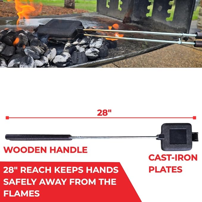 Pie Iron Set – Large Cast Iron Sandwich Maker for Camping, 3-Piece Camp Pie Cooker, Campfire Grilling & Outdoor Cooking Equipment