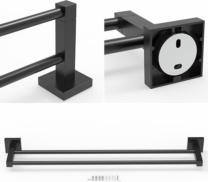 RUACQ Double Towel Bar, 24 Inch Towel Racks for Bathroom Wall Mounted, 304 Stainless Steel Bath Towel Rod with Square Base(Matte Black)