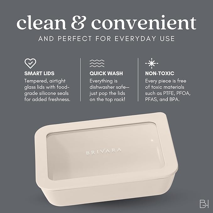 Ceramic Coated Glass Food Storage Container | No PTFE, PFOA, PFAS, and BPA | Reusable Non Toxic Meal Prep Container with Glass Lid | Easy To Store | 6 Cup Rectangle [Crema]