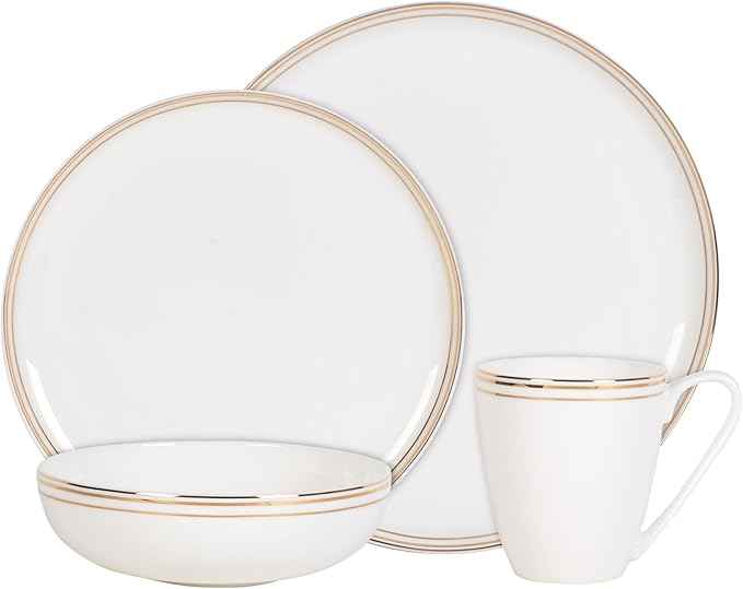 Everyday White by Fitz and Floyd Nevaeh Bone China Coupe Gold Bands Dinnerware Set, Service for 4