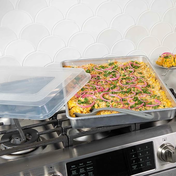 Nordic Ware Extra Large High-Sided Baking Pan, 21.1 x 15 x 2 inches, XL Big baking pan Natural Uncoated Aluminum, Reinforced Steel Rim Prevents Warping, Big Batch with Lid