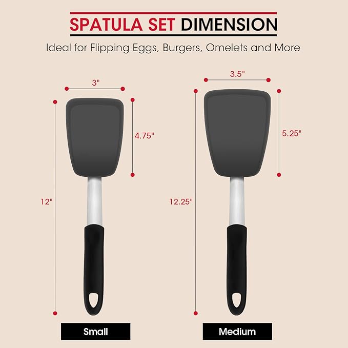 Unicook Flexible Silicone Spatula Turner 2 Pack, 600°F Heat Resistant Spatula for Nonstick Cookware, Essential Kitchen Cooking Utensil for Flipping Eggs, Burgers, Crepes and More, Small and Medium