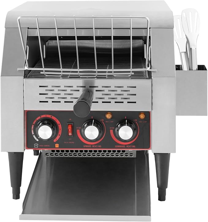 Commercial Conveyor Toaster 300 Slices/Hour 1900W Heavy Duty Industrial Stainless Steel Electric Restaurant Toaster Oven with Selectable Heating Modes and 7 Speeds for Bagel Bread Restaurant Cafe