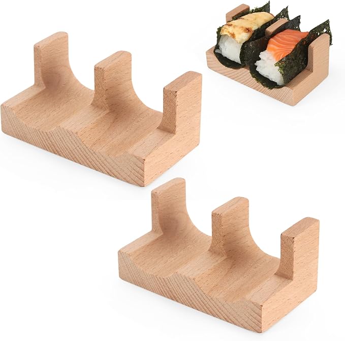 Wooden Taco Holder Stand for Sushi Hand Roll, Temaki & Sushi Roll – 1/2/3/5 Slot Sushi Display Tray, Natural Wood Serving Platter (2 pcs per Pack) (2 Slot (2 pcs))