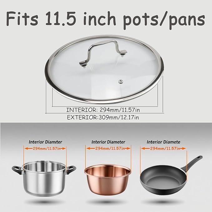 HEVSTIL 11.5 Inch Tempered Glass Lid for Frying Pan with Stainless Steel Handle - Vented Skillet Cover