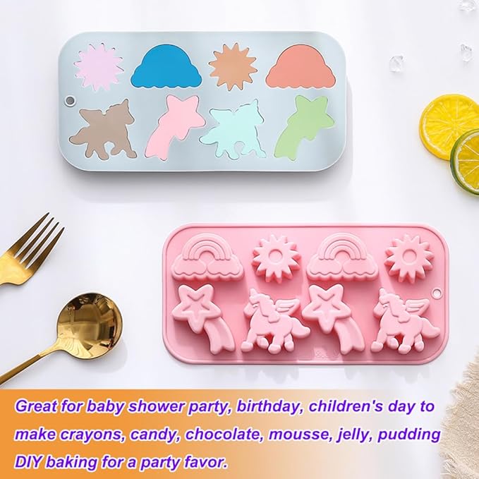 2 Pack Unicorn Molds Silicone 8 Cavity 3D Flying Unicorn Themed Baking Mould Tray with Cartoon Rainbow Meteors Sun for Kids' Party Chocolate Cake Topper Dessert Mousse Pastry Handmade Soap Crayons