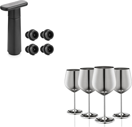WOTOR Stainless Steel Wine Glasses Set of 4 with Wine Saver Vacuum Pump