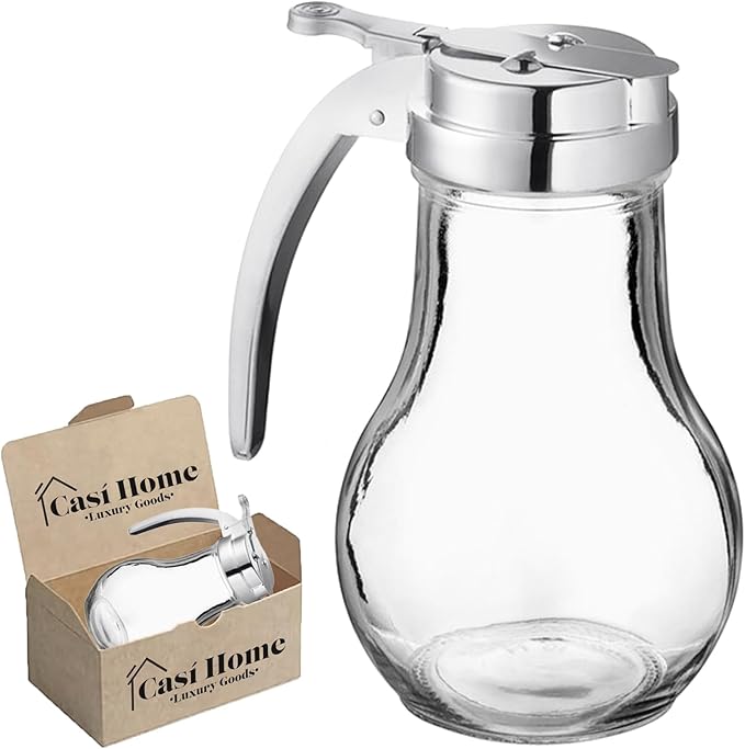 Glass Syrup Dispenser - 14 Oz Syrup & Honey Dispensers - Maple Syrup Dispenser for Honey - Large Syrups Dispenser Durable Clear Glass - Easy Pour Spout, Leak-Proof Lid
