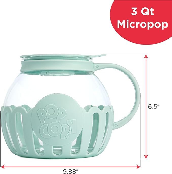 Ecolution Patented Micro-Pop Microwave Popcorn Popper with Temperature Safe Glass, 3-in-1 Lid Measures Kernels and Melts Butter, Made Without BPA, Dishwasher Safe, 3-Quart, Aqua
