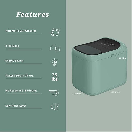 Ice Maker Countertop, 9 Cubes in 6 Mins, 33 lbs per Day, Portable Bullet Ice Machine, Self-Cleaning Ice Makers with Basket and Scoop, Ideal for Home, Kitchen, Camping, RV (Green)