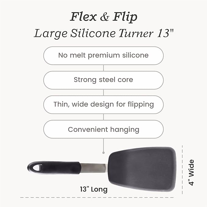 StarPack Premium Flexible Large Silicone Turner Spatula - High Heat Resistant to 600°F, Hygienic One Piece Design, Non Stick Rubber Kitchen Utensil for Fish, Eggs, Pancakes & Cookies (Stormy Grey)