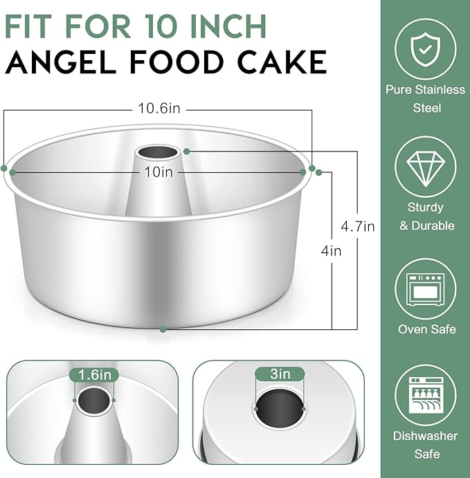 TeamFar 10inch Angel Food Cake Pan, Stainless Steel Pound Cake Pan with Tube, for Home/Kitchen Baking, Healthy & Non-toxic, Durable & One-Piece, Mirror Finish & Dishwasher Safe, Set of 2
