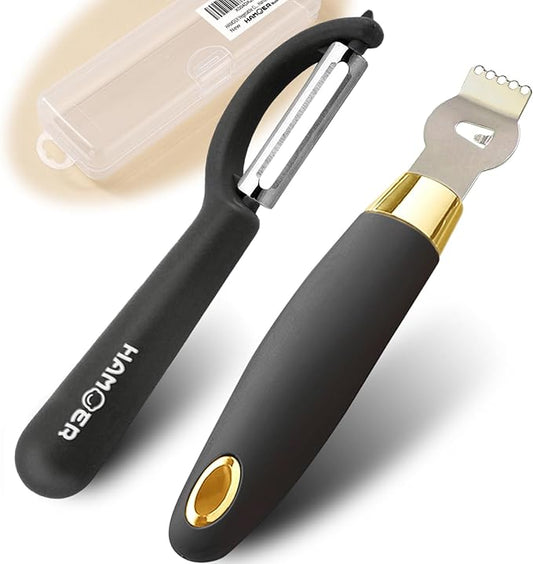 Vegetable Citrus Lemon fruit Potato Peeler Zester Channel Knife Tool Set for Kitchen Bar, Stainless Steel Blade, Ergonomic Design Curved Handle, Green-Grey