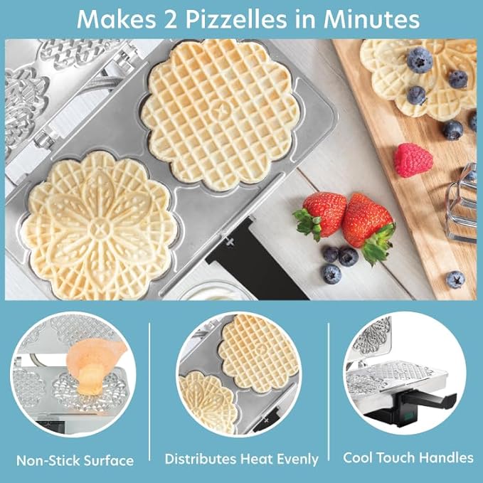 Pizzelle Maker- Polished Electric Baker Press Makes Two 5-Inch Cookies at Once, Even Heating Plates- Must Have Party Baking Supplies - Italian Dessert Treat Making w Recipe - Mothers Day Gift for Her